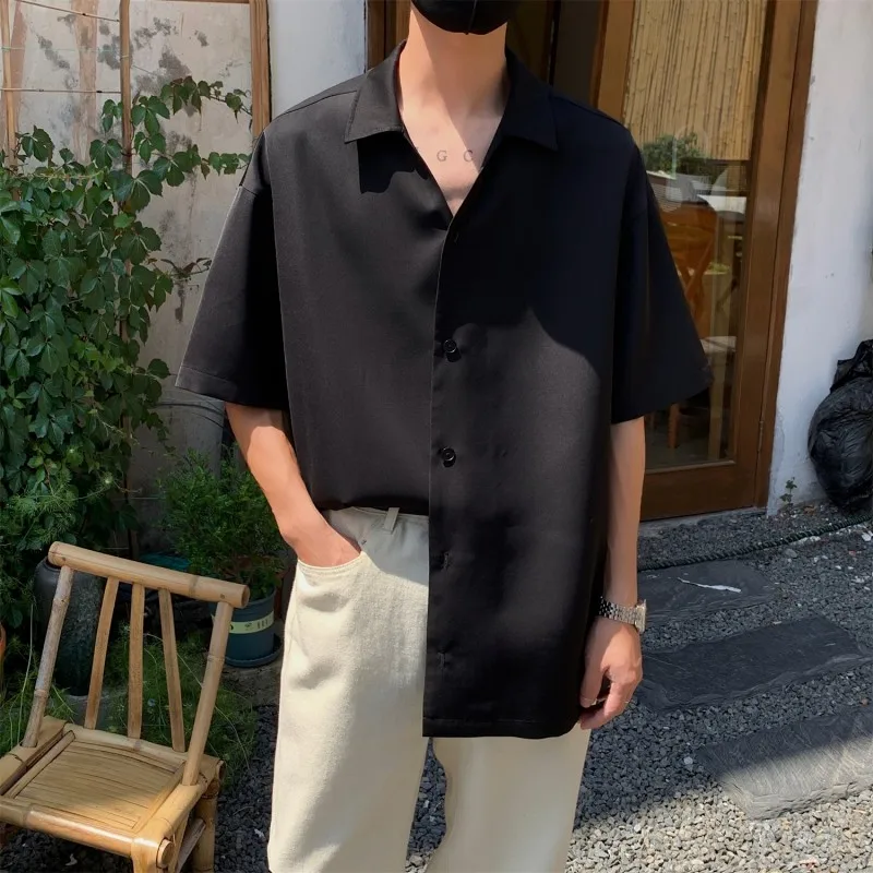 

Мужская рубашка из ледяного шелка с коротким рукавом, тонкая летняя верхняя одежда, модный свободный крой, на пуговицах, не требует глажки, для молодежи.