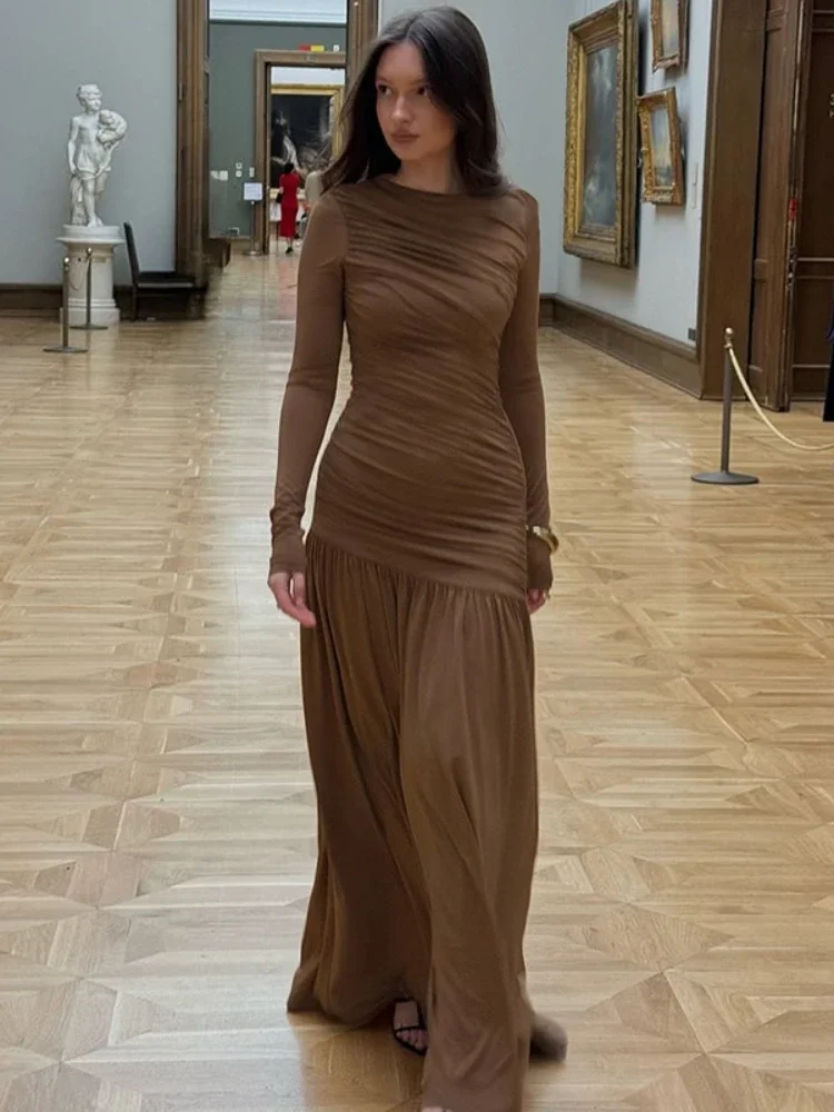 Robe de soirée froncée à manches longues pour femmes, tunique taille haute pliable, longue, robe de soirée de vacances, automne 2025