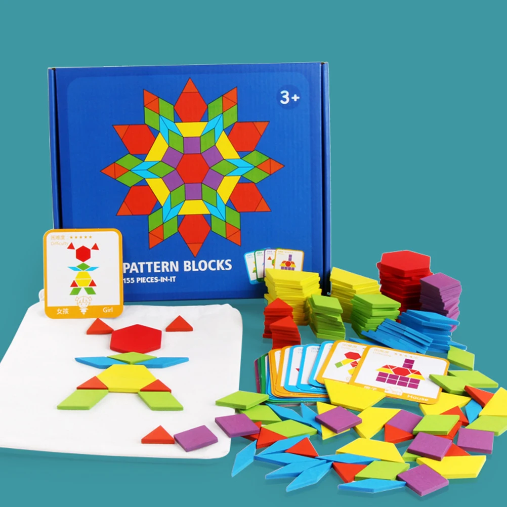 155 Stück kreatives Puzzle, lustiges geometrisches Holz-Tangram für Kinder, pädagogische Form, Farbe, Zahlenerkennung, dicke Blöcke, sicher