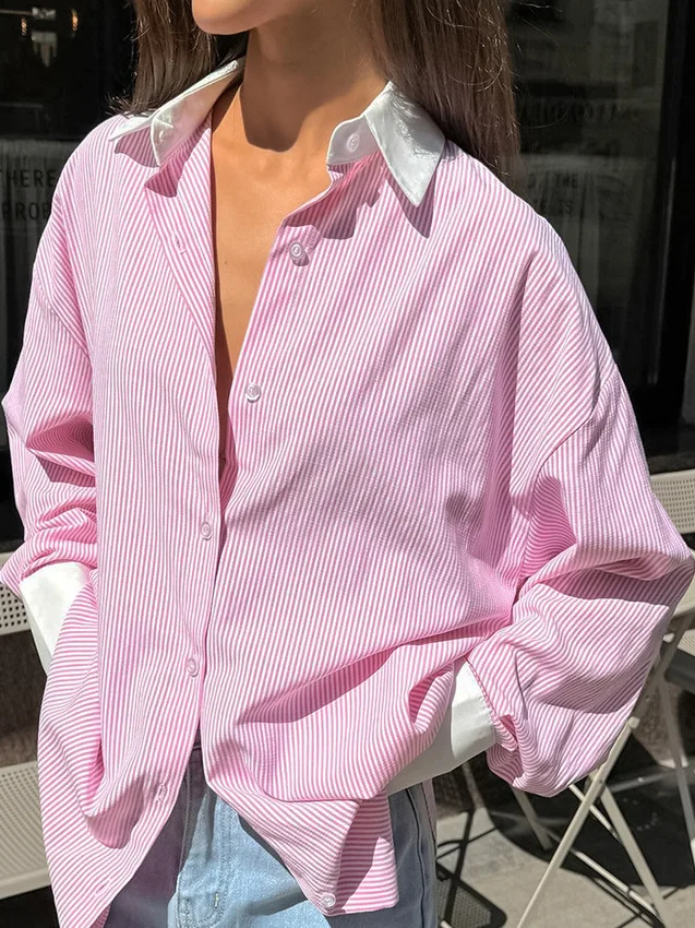 

Women's Contrast Striped Button up irt Casual Sle Single Button Long Sve Top Color Blo Design Summer Faion