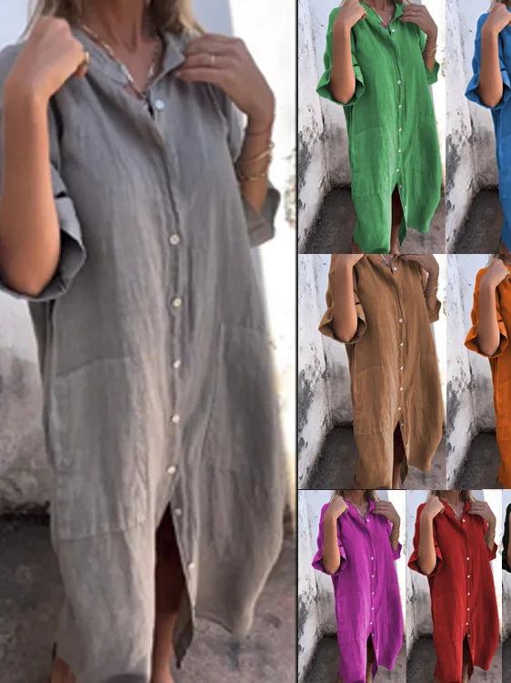 レディースカジュアルミッドスリーブシャツドレス綿麻春シーズン薄手生地通勤スタイルルーズウエストその他素材00%