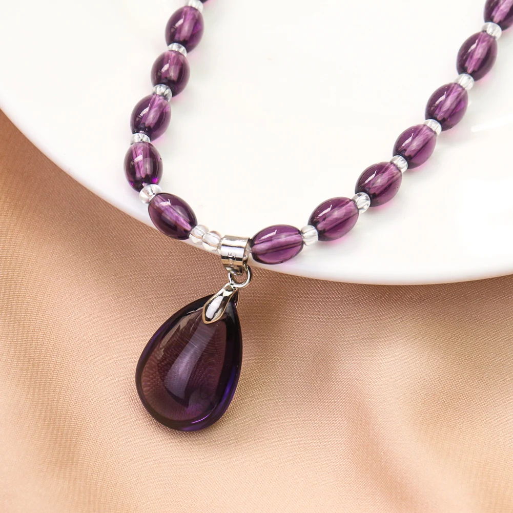 Amethyst Water Drop Glass Crystal Necklace Pendant Beads String Chain Elegant Banquet Evening Dress Accessories Daily Jewelry