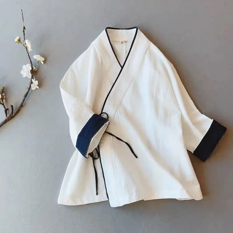 Spring  Summer Cotton Linen Tang Suit Zen Style Chinese Traditional Female Shirt Commute Style Slim Fit three-Quarter Sleeve