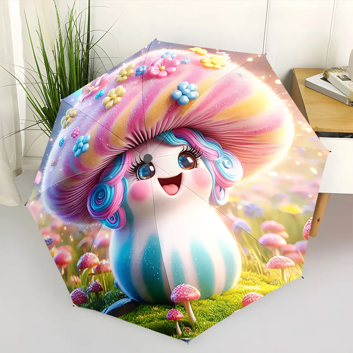 Colorful Mushroom Character with Flowers on Fantasy Land portable waterproof sun rain umbrella for outdoor travel beach