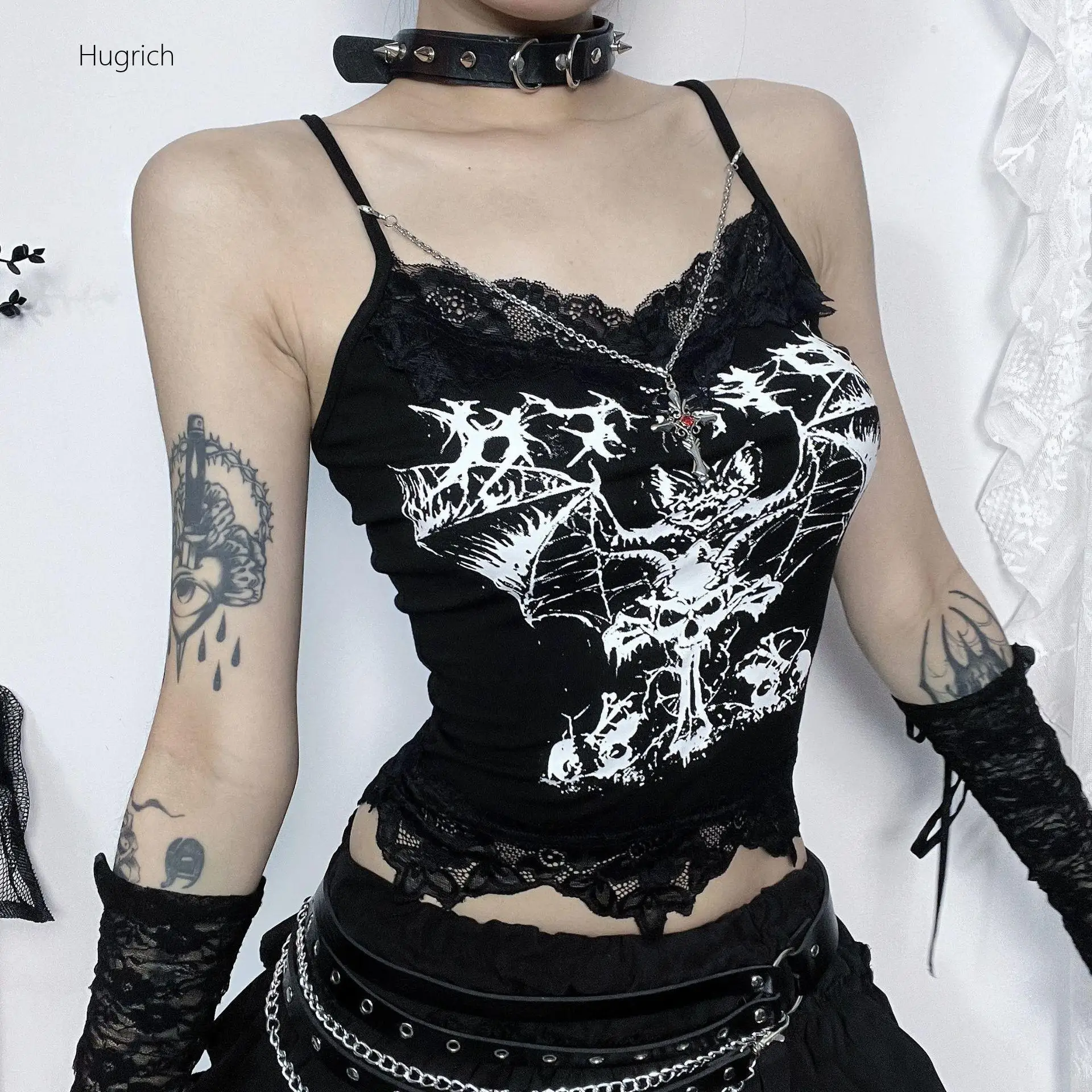 Dark Academia Gothic Punk Lace Cami Top for Women Spaghetti Strap Bat Skull Graphic Print Slim Crop Tank Top Punk Rock