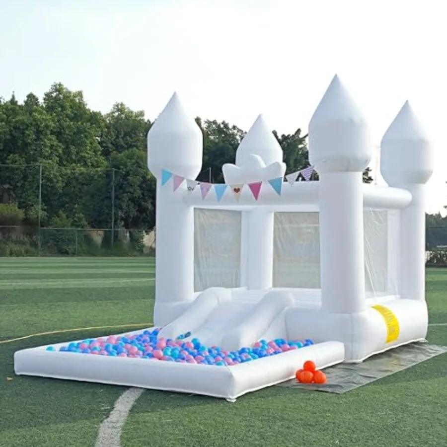 

12.5FTx7.1FT White Inflatable Bounce House Inflatable Castle with Slide and Ball Pool Indoor and Outdoor Toys for Active Used f