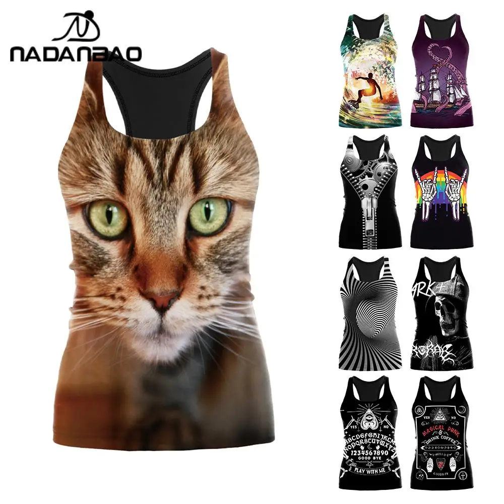 Summer Women Yoga Tops Cat 3D Print Sport Vest Hollow Out Sleeveless Shirts Girl Gym Fitness Tank Top Slim Running Female