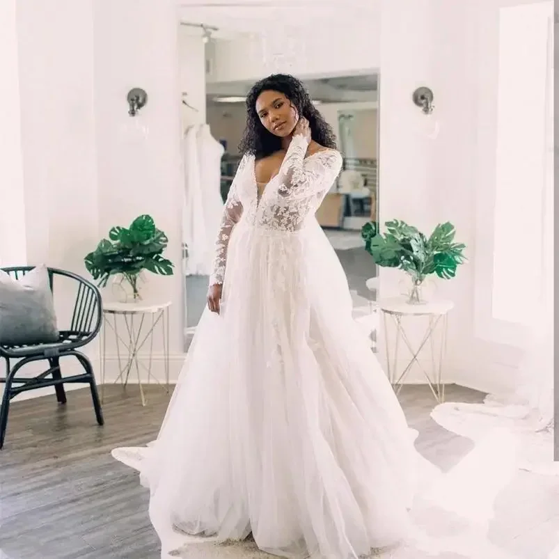 Customized African Long Sleeves A Line Lace Wedding Dress Deep V Neck Sweep Train Appliques Corset Back Plus Size Tulle Bridal G