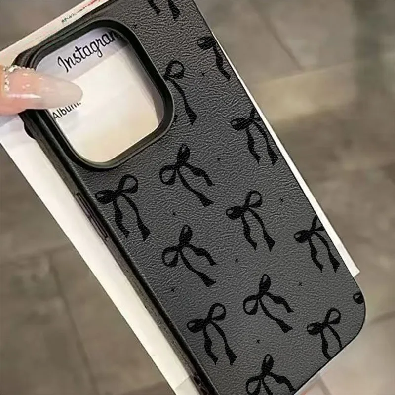 Black Polka Dot Bow Lychee Texture Phone Case For iPhone 17 Pro Max 16 15 14 13 12 11 Pro 17 Air 15 Plus X XS XR 16E Soft Cover