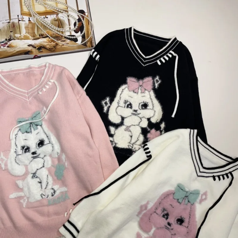 Autumn And Winter New Korean Style Sense Of Design Knitwear Contrast Color V-neck Cute Cartoon Jacquard Youthful-Looking Sweater