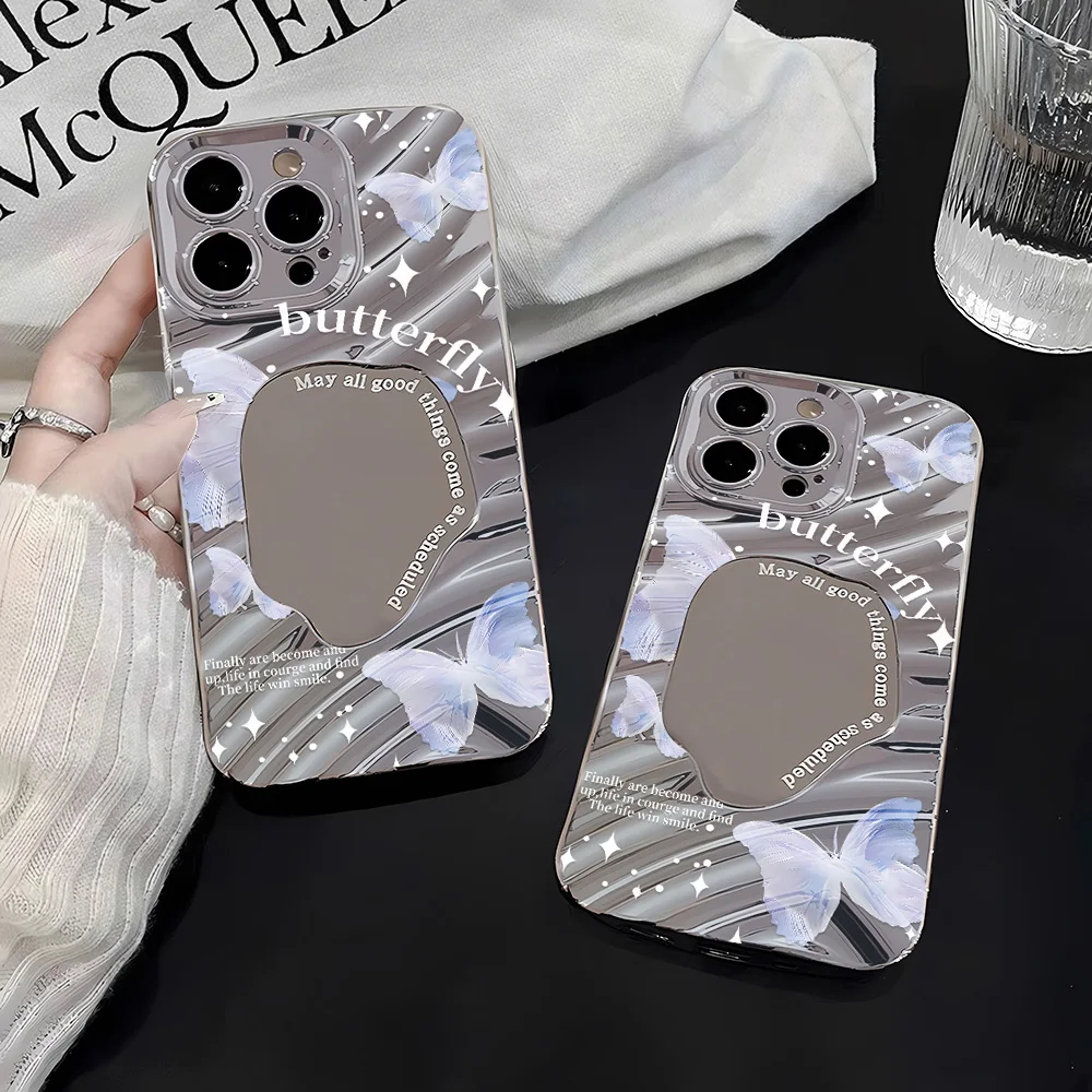 Silver Pattern Mirror Phone Case for Apple iPhone 17 16 15 14 13 12 11 Pro Max Air Cases Romantic Dreamy Purple Butterfly Cover