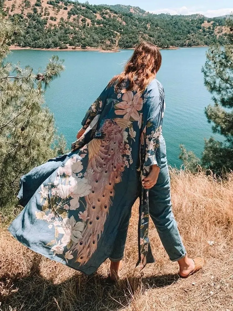 2023 Kaftan Bohemian Printed Summer Dress Long Kimono Tunic Women Plus Size Beach Wear Swim Suit Cover Up Robe de plage A140