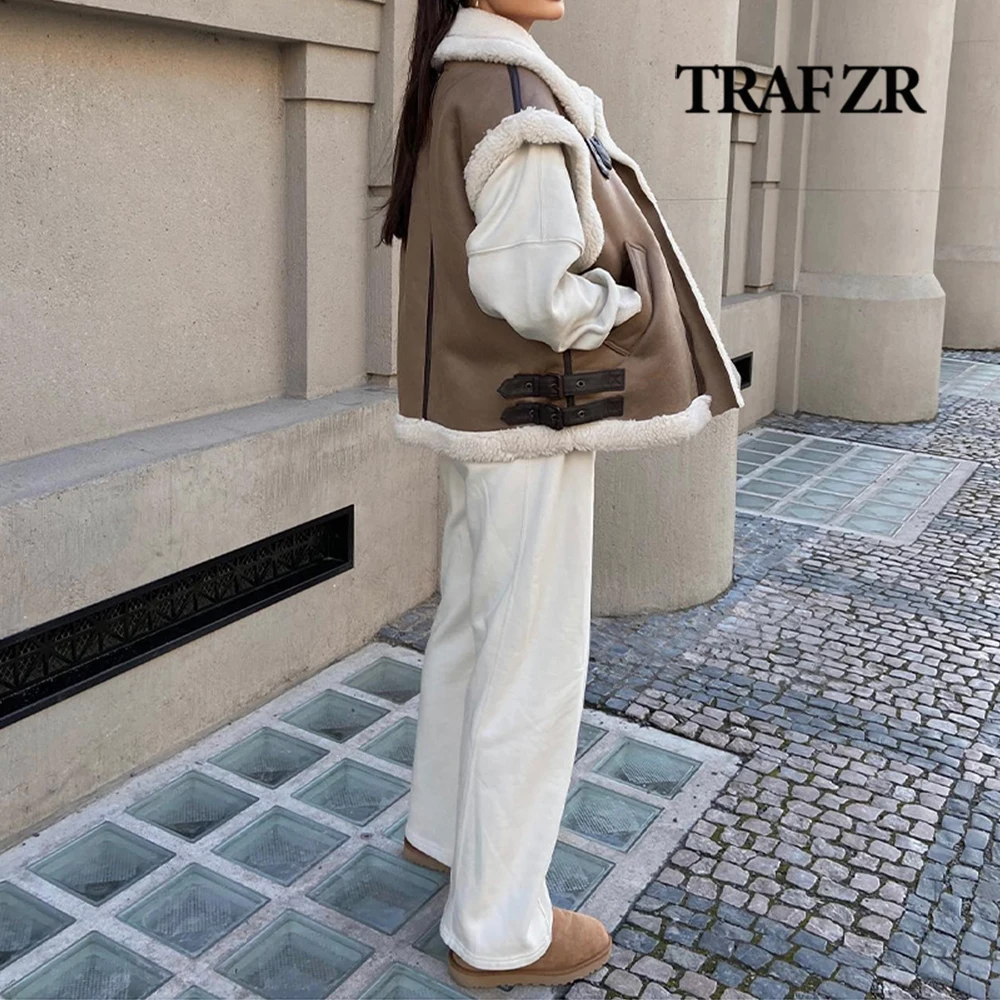 TRAF ZR Elegant Lady Jackets New in Coats Faux Leather & Skin Sleeveless Brown Coat Women's Winter Coats Leather and Fur Vest