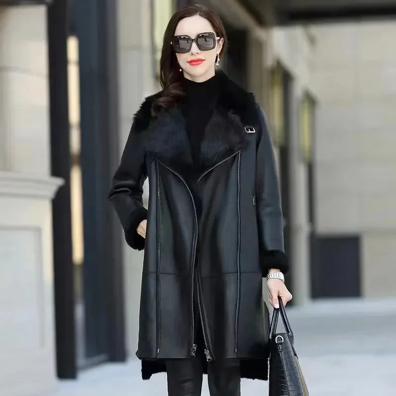 Oversized 6XL Thicken PU Leather Jacket Women's Winter Warm Faux Mink Fur Coat Female Loose Windproof Parka Long Overcoat A839