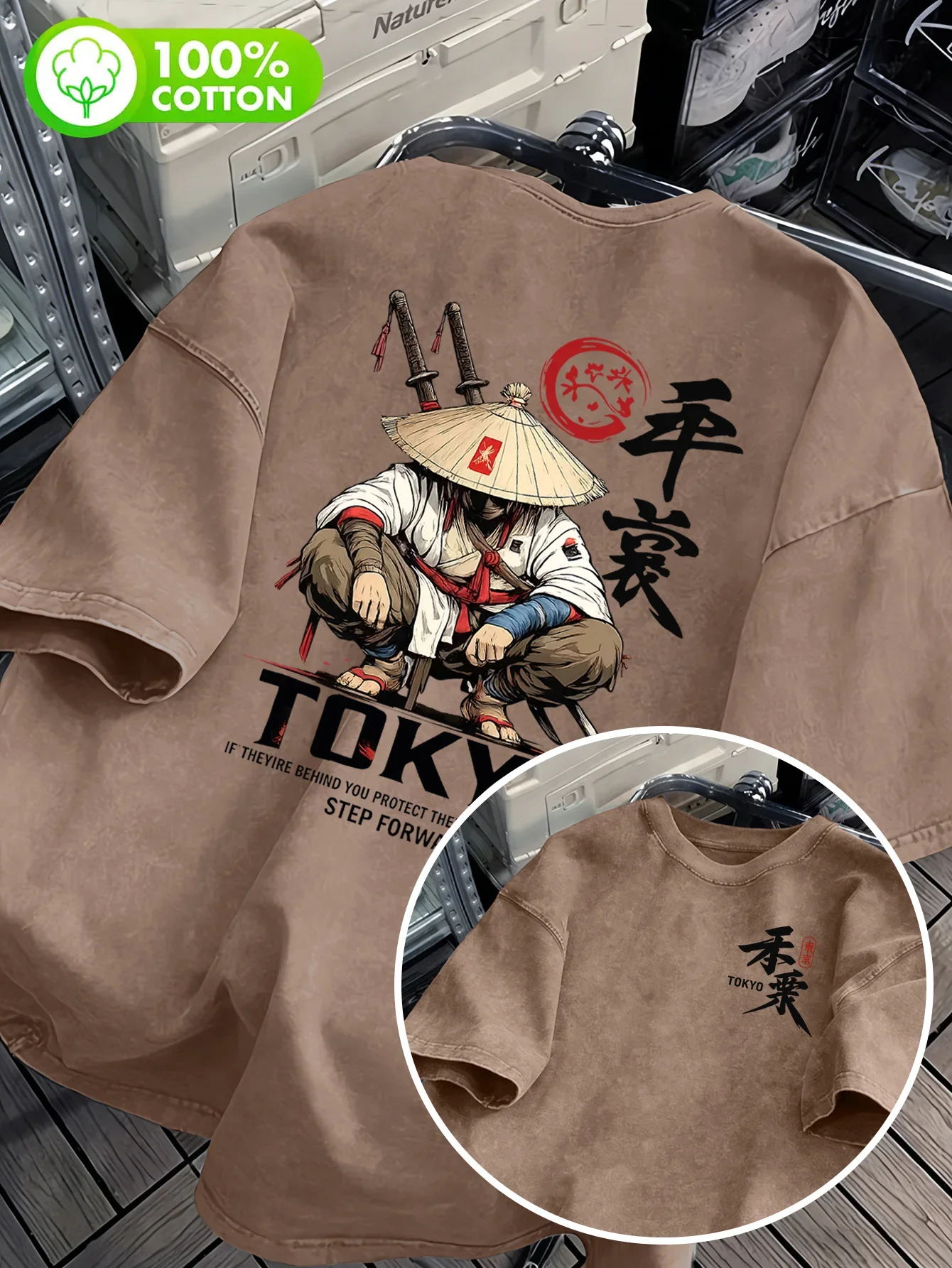 Men's Cotton T-shirt Japanese Dark Style Samurai Illustration Print Double Sided Loose Crew Neck Streetwear Short Sleeve S-3XL