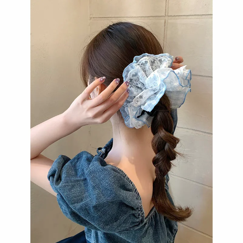 

Summer Scrunchies 1 Pack Blue Gingham Hair Ties Breathable Ponytail Holders Gentle Non Slip Hair Accessories New