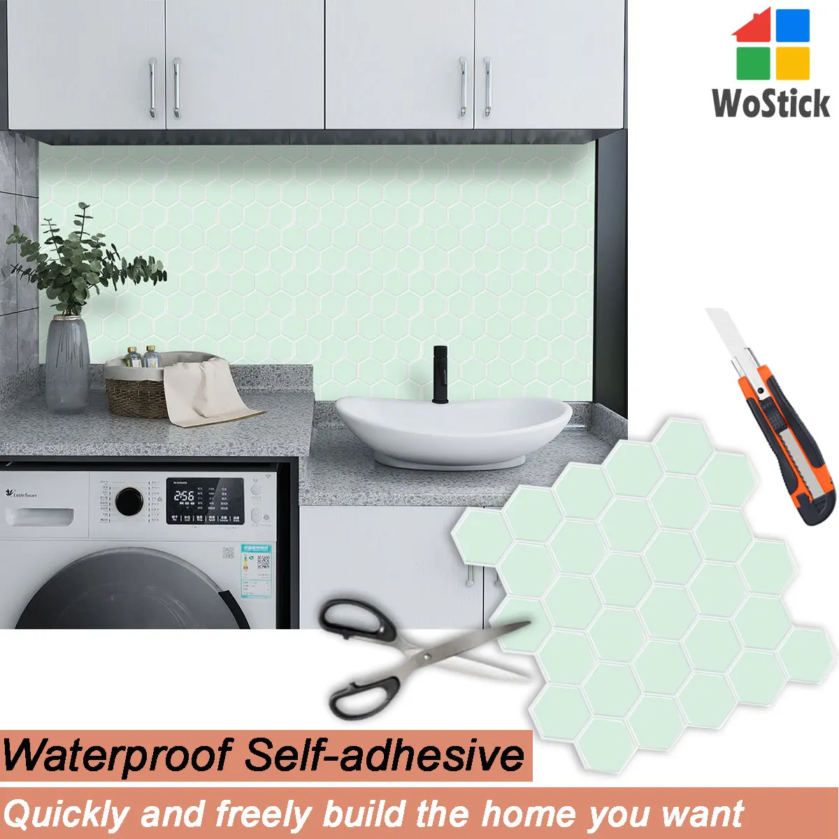 Wostick Waterproof & Oil-proof Smart Self Adhesive Peel and Stick Wallpaper Kitchen Vinyl Hexagon Tiles Wall Sticker 3 PCS