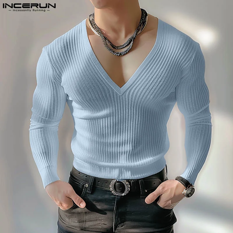 INCERUN Men's T Shirt V Neck Long Sleeve Knitted Solid Color Men Clothing Streetwear 2024 Fitness Fashion Casual Male Tee Tops