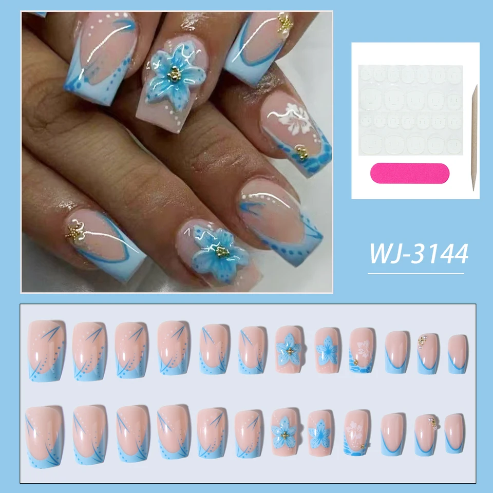 24 piezas de uñas postizas cortas cuadradas con gel 3D y decoración de perlas, francesas azul claro acrílicas, ajuste perfecto 5