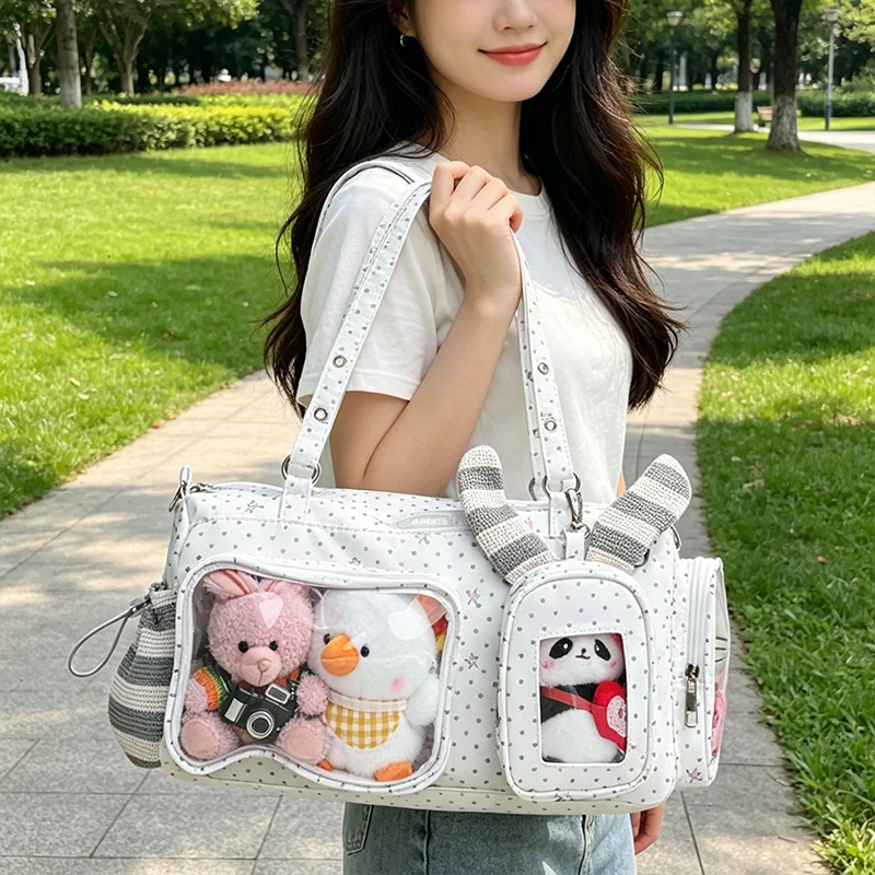 Cute Japanese Korean Polka Dot Ita Bag Large Capacity DIY Transparent Pocket Shoulder Bag Drawstring Design Commuter Handbag