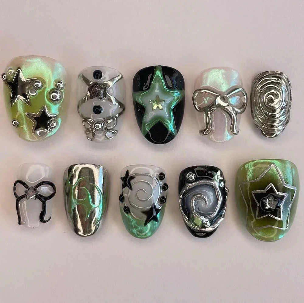 Silver Cool Almond Handwork Press On Nails Art Magic Mirror Powder Mechanical Future Style Bow Star Butterfly Shell Gel Nails