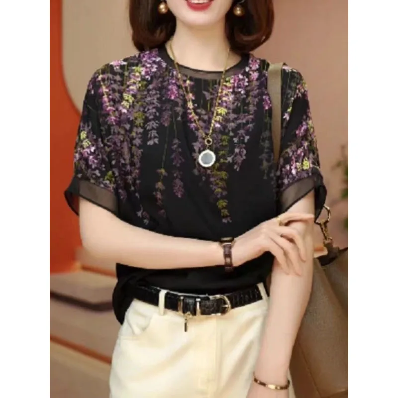 2024 Women\'s New Summer Pullovers Printed Crew Neck Casual Fashion Loose Commuter Short Sleeve Double Crepe Silk Chiffon Tops