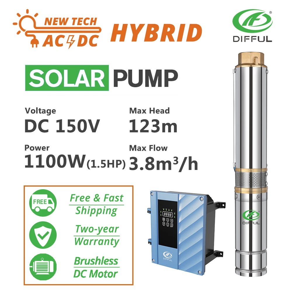 

3" AC/DC Solar Hybrid Water Pump Deep Well Submersible 150V 1100W 1.5HP Stainless Steel MPPT Controller Cheap Factory Quality