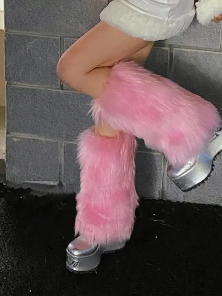 Ocieplacze na nogi ze sztucznego futra 40cm w stylu japońskim Lolita, nakładki na buty Kawaii Y2K, ciepłe ochraniacze na kolana na jesień/zimę — 2