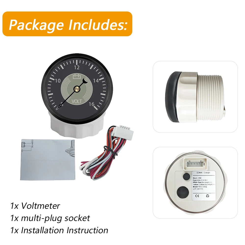 ELING 52mm Classical Style Voltmeter 8-16V Volt Gauge Meter with Red Yellow Backlight Universal for Car Limousine Boats
