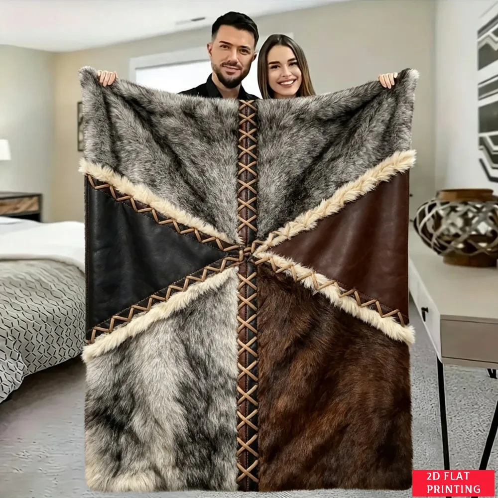 Gray Brown Fur Patchwork Leather Tribal Flannel Blanket For Bohemian Bedroom Decor Soft Warm Throw Blanket Wrap