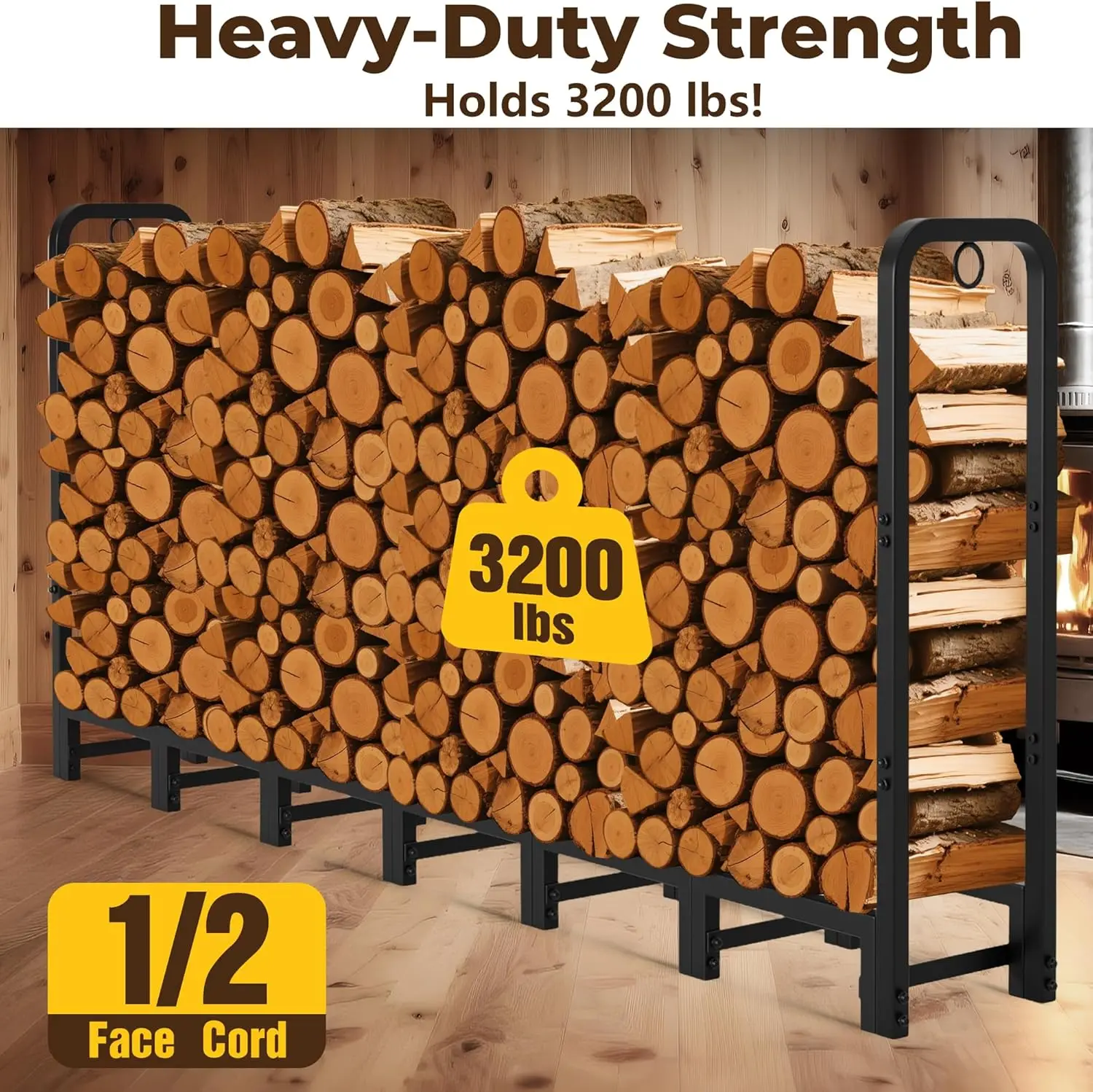 Outdoor and Indoor Fireplace Use, Metal, Black, 8ft Adjustable Heavy Duty Firewood Rack for Storage