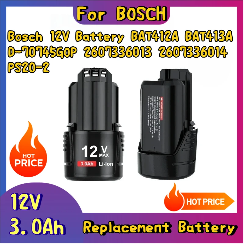 

12V 3.0Ah for BOSCH BAT411 Replacement Battery Bosch 12V Battery BAT412A BAT413A D-70745GOP 2607336013 2607336014 PS20-2