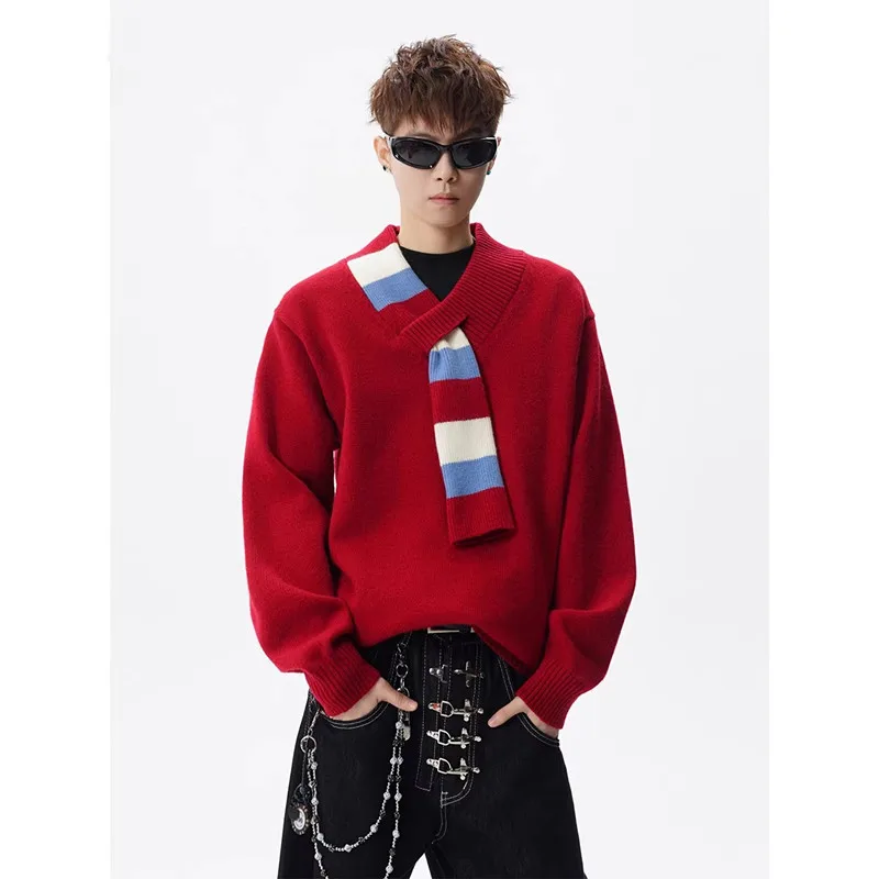 

V-neck Christmas Knit Scarf Men's Sweater Autumn Winter Trendy Brand Cool Teenage Student Knittedwear Red Warmth Casual Coats