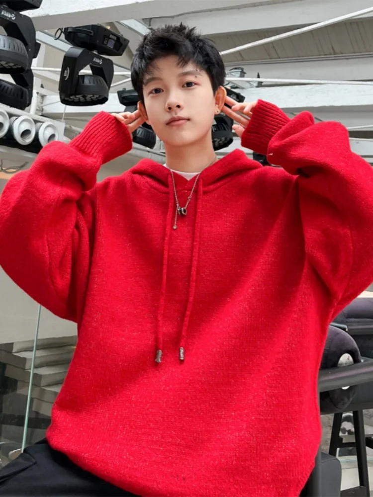 

Red Knitted Hoodie Men's Winter Thiened Lazy Sle Loose Sweater Soft Comfortable American Casual Sle Long Sve Crew Ne