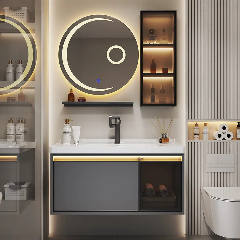 

Комплект для ванной: тумба с керамической интегрированной раковиной, умное зеркало с раковиной, тумба-умывальник из космического алюминия