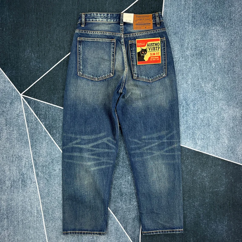 14oz Jeans Denim Selvadge merah untuk pria celana ketat katun dicuci pria tebal Vintage Amerika asli celana panjang Slim Fit