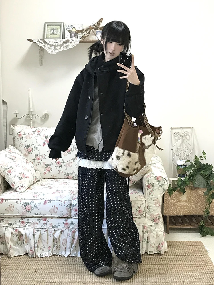 ReddaChic Two-Way Women Wide Leg Jeans Trendy Y2K Black Polka Dots Stitch Lace Pleated Wrap Skirt Baggy Denim Pants Acubi Fahion