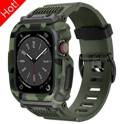 Army Camouflage Sport Case for Apple Watch Band 45mm 42 44mm Waterproof Drop-Resistant Integrated Strap for Iwatch 9 8 7 SE 6 5