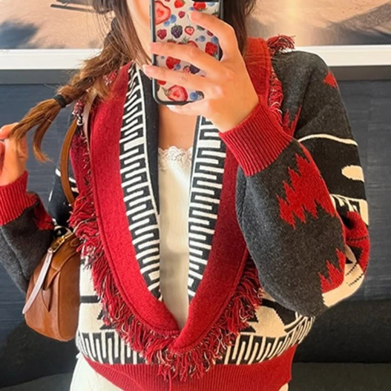 

2025 Autumn and Winter Women's New Style Lapel Tassel Knitted Cardigan Jacket