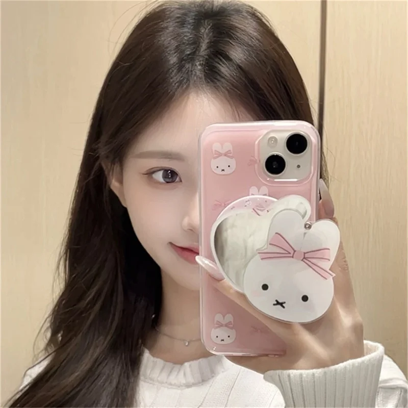 Cute Cartoon Pink Bow Rabbit Mirror Magnetic Holder Magsafe Wireless Charge Phone Case For iPhone 16 15 14 13 Pro Max Cover