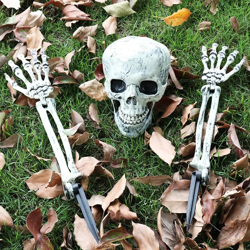 3pcs Skeleton Realistic Skull Stakes Skeleton Head Human Hand Arms Halloween Party Home Outdoor Yard Garden Lawn Decoration Prop