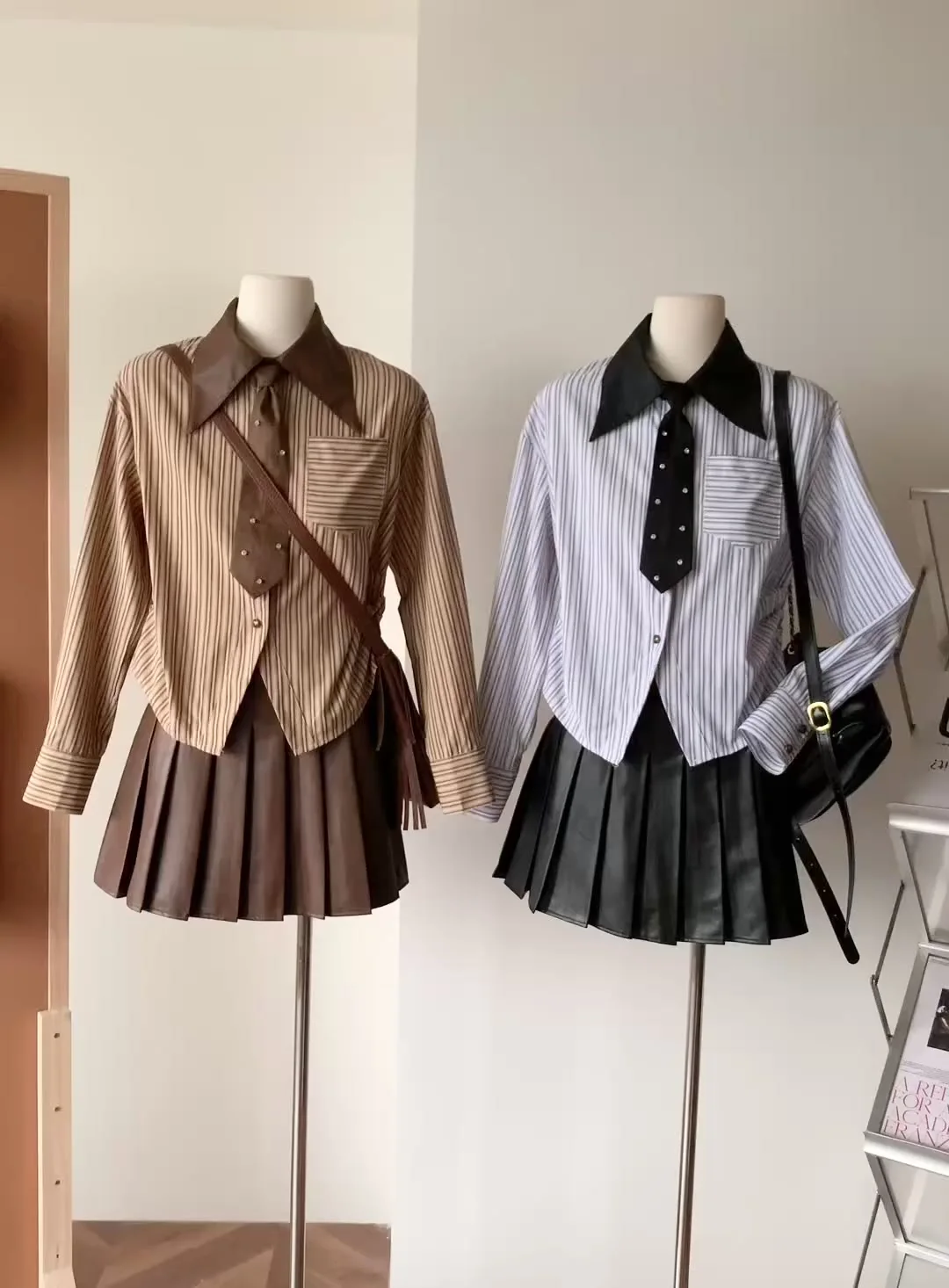 Set di gonne da donna Camicia a maniche lunghe vintage con minigonne a trapezio Abito estetico vintage Y2k a due pezzi Abiti eleganti anni 2000