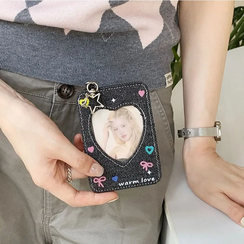 Kawaii Y2k الدنيم ستار حامل بطاقة على ظهره معلقة حقيبة سلسلة مفاتيح قلادة بطاقات حامي الحب غطاء بطاقة الطالب فتاة