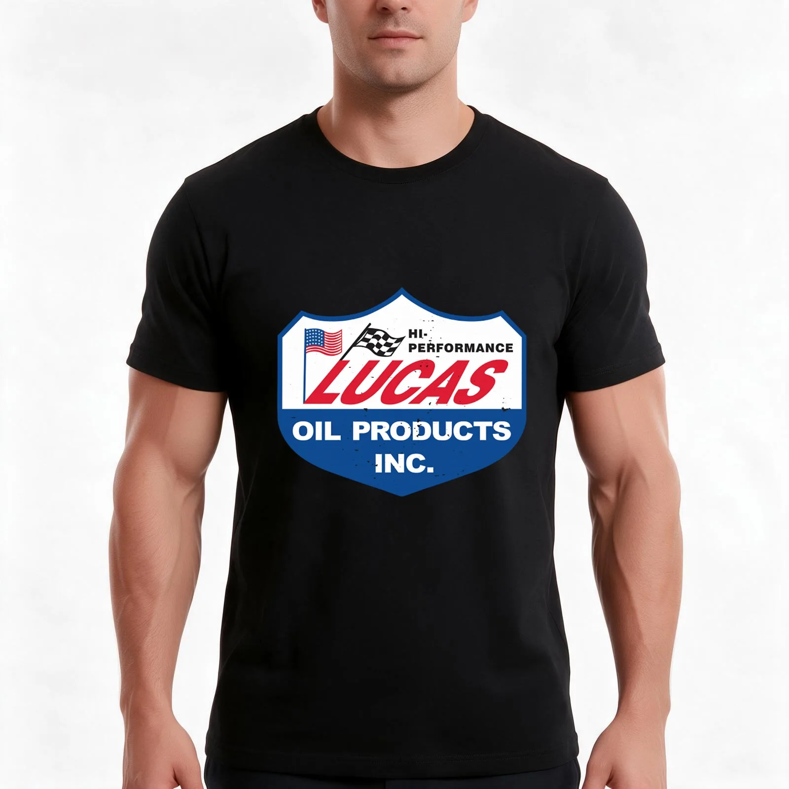 Lucas Oil Shield (Distressed) T-Shirt, Summer Casual Cotton Tee, Oversized Streetwear Tops, Vintage Graphic Print, 100% Cotton
