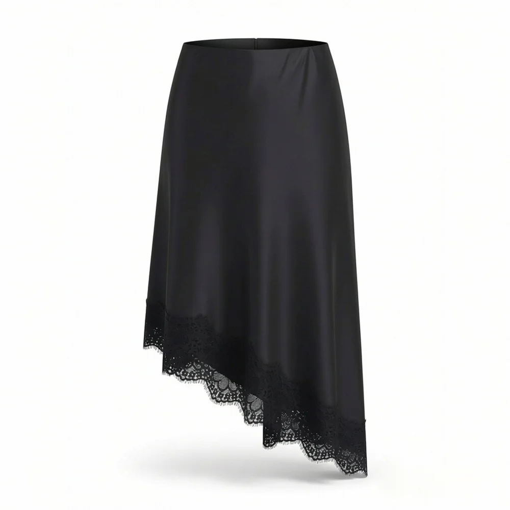 

Новая женская юбка миди 2026 года с асимметричным декором, контрастными вставками и кружевом, из атласной ткани