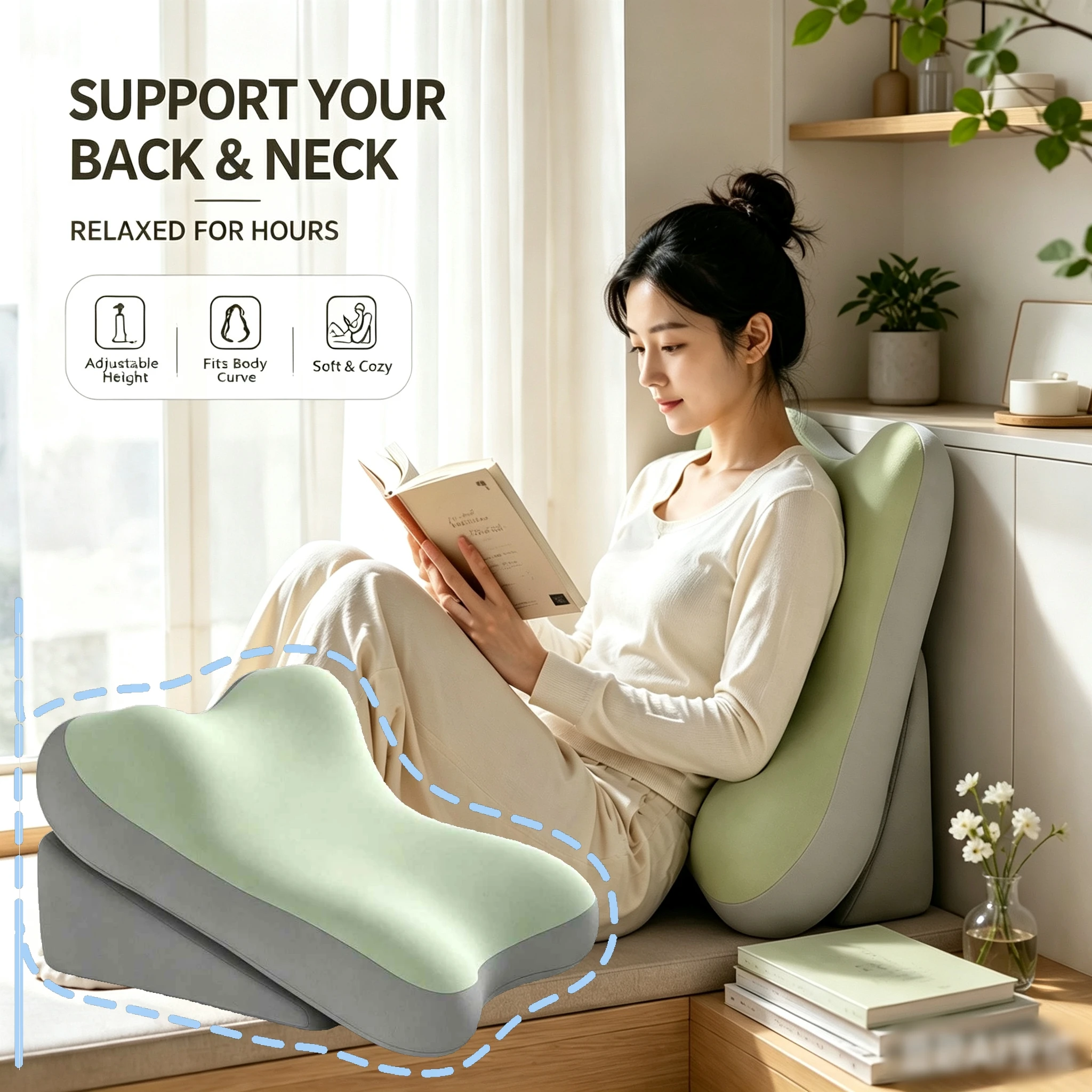 Adjustable Ergonomic Support Pillow Bed Cushion Memory Foam Wedge Pillow Set Reading on Bed for Back Neck Lumbar Leg Support