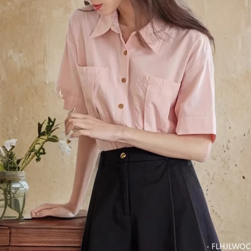 

Cotton Blends Tops Blouses New Design Women Cute Sweet Girls Pockets Casual Loose Solid Pink Button White Shirts