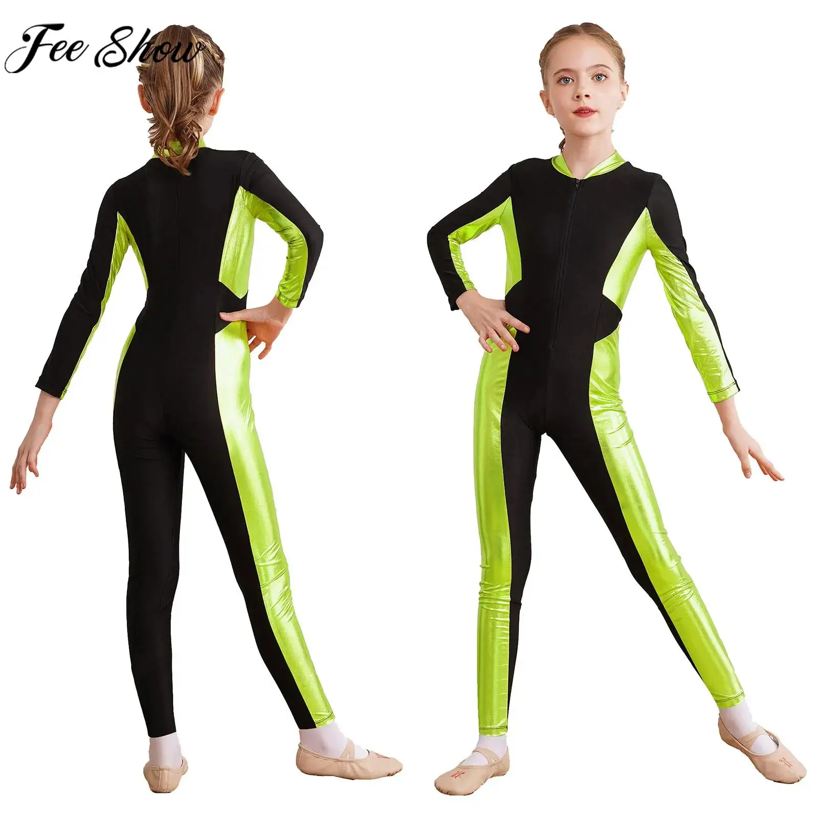 Children Girls Gymnastics Ballet Dance Leotard Figure Skating Bodysuit Acrobatics Yoga Sports Long Sleeve Performance Jumpsuit