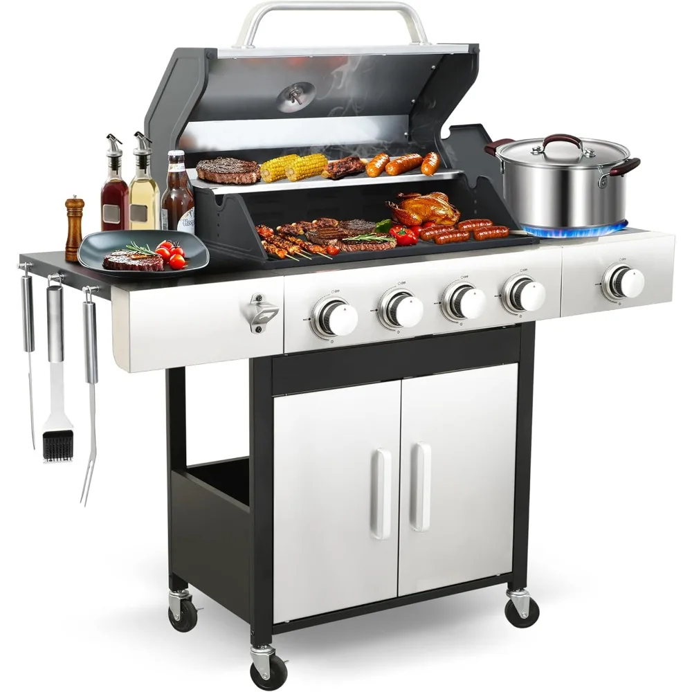 

49000 BTU Output Propane Gas Grill with Side Burner and 4 Main Burners - Double-layer Stainless Steel Lid, Cast Iron Grids and P