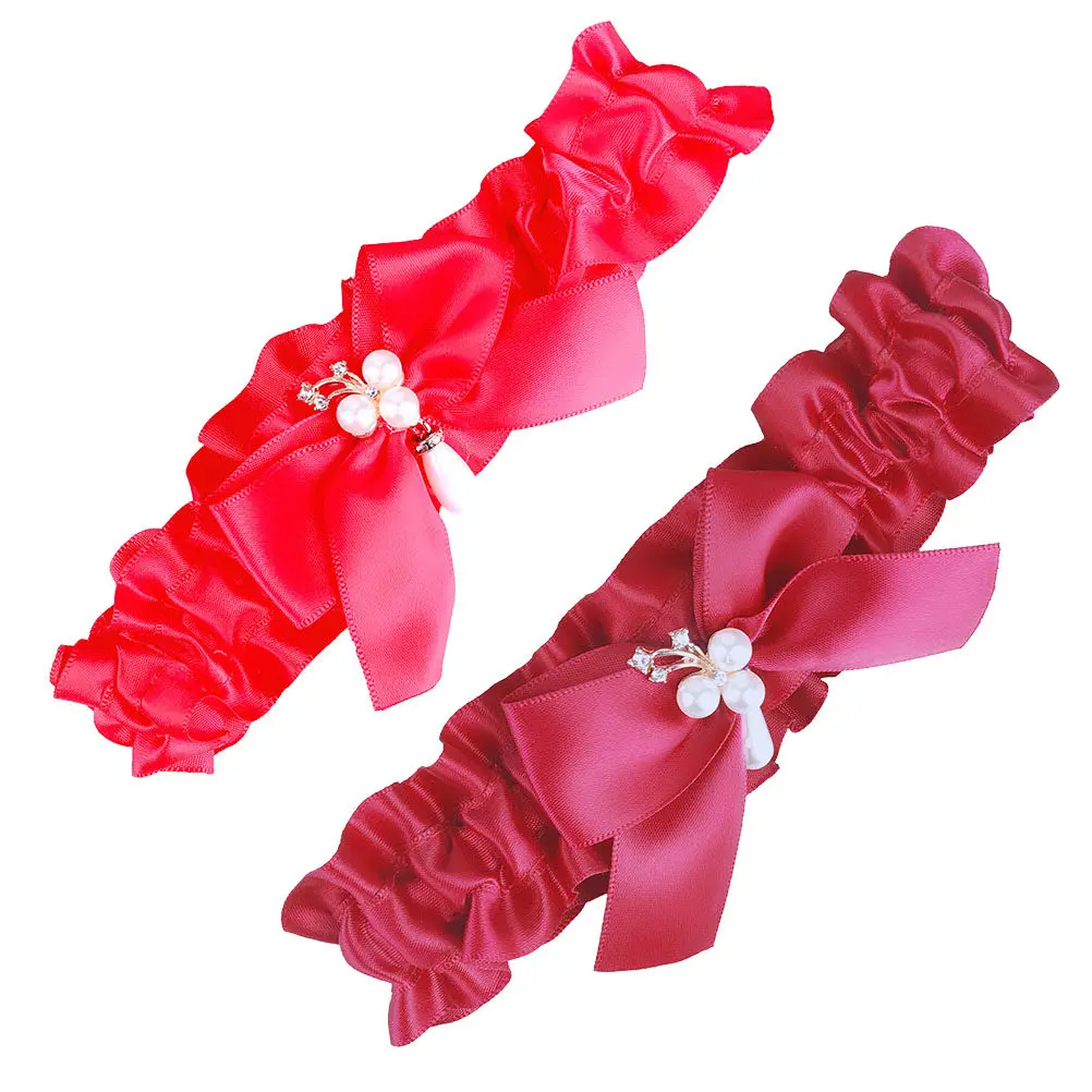 Pearl Bridal Garter Lace Thigh Band Adjustable Bow Wedding Leg Accessory for Bride Romantic Red
